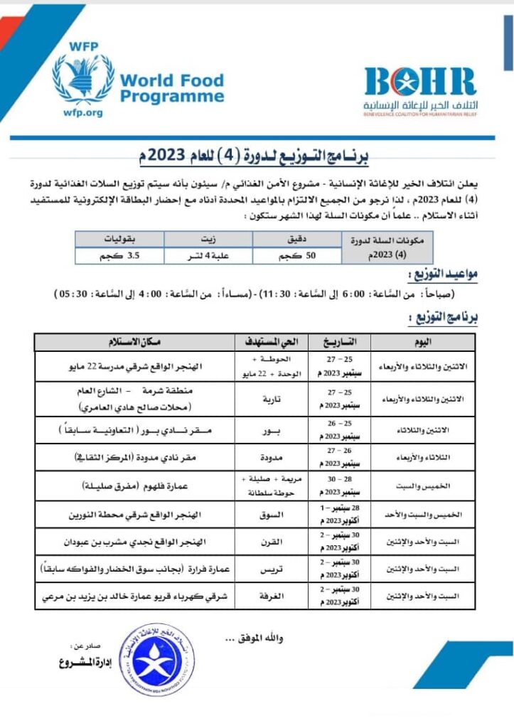 ائتلاف الخير للإغاثة الإنسانية يعلن عودة توزيع السلات الغذائية للدورة ( 4 ) للعام 2023م بمديرية سيئون ائتلاف الخير للإغاثة الإنسانية يعلن عودة توزيع السلات الغذائية للدورة ( 4 ) للعام 2023م بمديرية سيئون