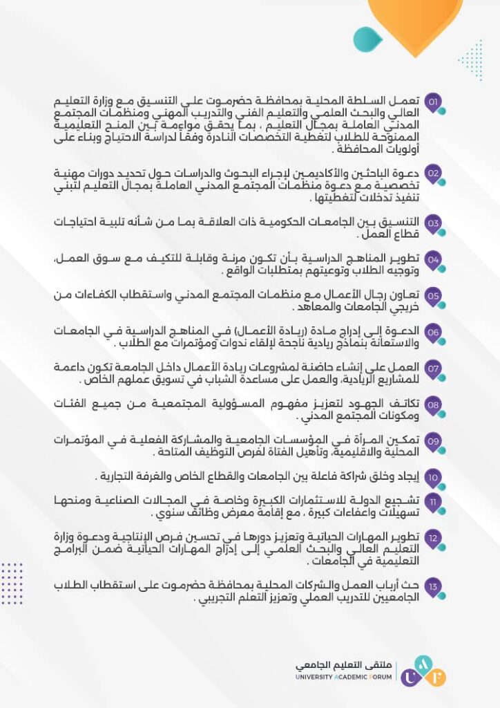 الإتحاد العام لطلبة جامعة سيئون ينشر توصيات ملتقى التعليم الجامعي المنعقد في السابع من ديسمبر 2023م في مدينة سيئون. الإتحاد العام لطلبة جامعة سيئون ينشر توصيات ملتقى التعليم الجامعي المنعقد في السابع من ديسمبر 2023م في مدينة سيئون.