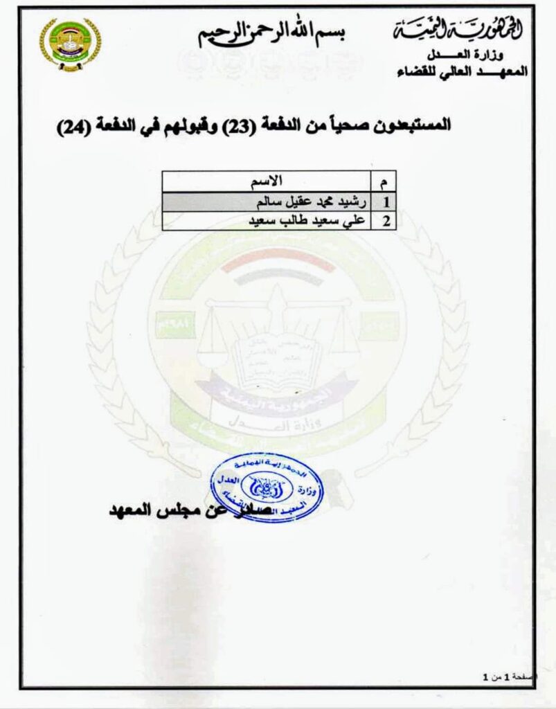 المعهد العالي للقضاء يُعلن أسماء المقبولين للدفعة (24) دراسات تخصصية عليا المعهد العالي للقضاء يُعلن أسماء المقبولين للدفعة (24) دراسات تخصصية عليا
