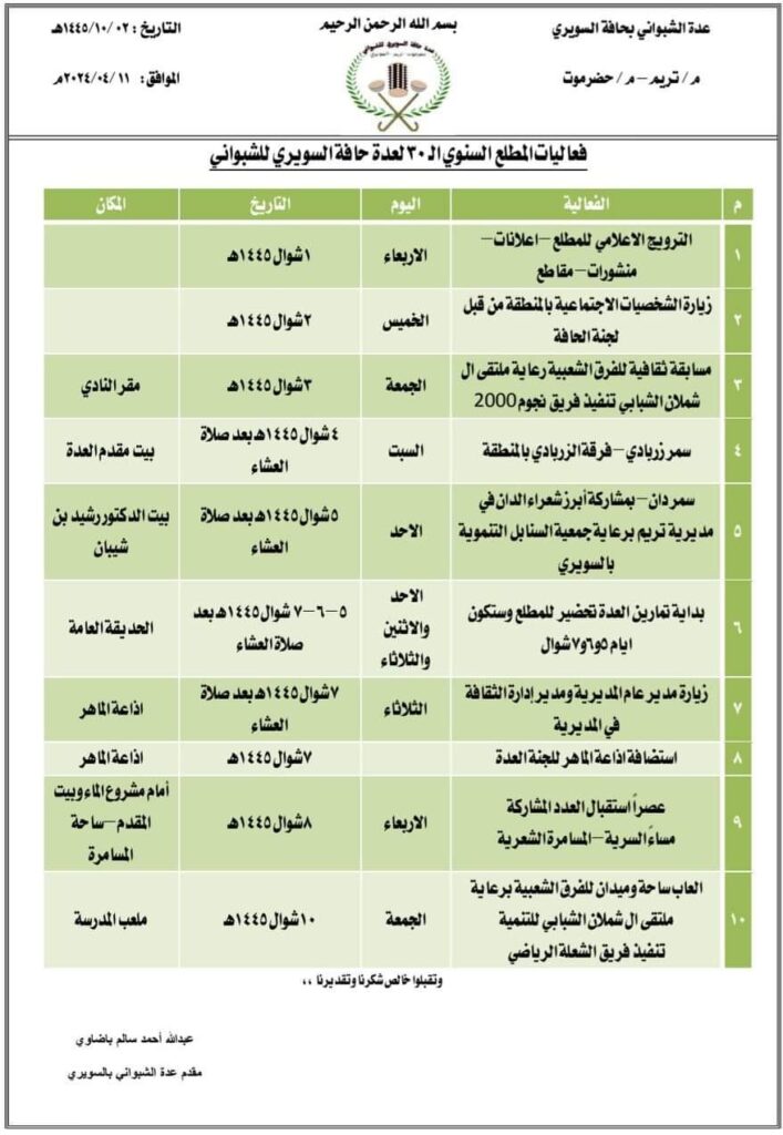 حافة السويري للألعاب الشعبية تستعد لاقامة أنشطة وفعاليات احتفاء بمطلعها السنوي الـ30 حافة السويري للألعاب الشعبية تستعد لاقامة أنشطة وفعاليات احتفاء بمطلعها السنوي الـ30