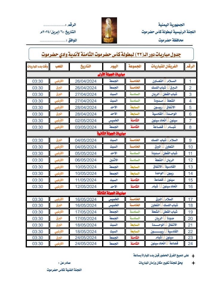 اللجنة الرئيسية لبطولة كأس حضرموت تصدر تعميم بشأن انطلاق مباريات دور الـ32 اللجنة الرئيسية لبطولة كأس حضرموت تصدر تعميم بشأن انطلاق مباريات دور الـ32