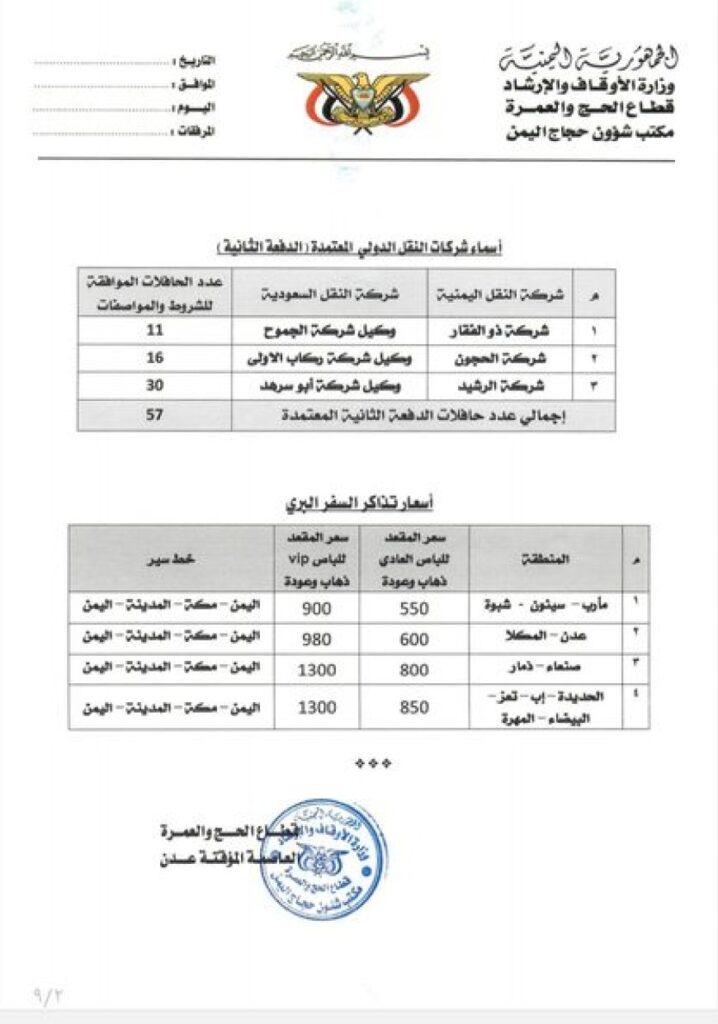 تعرف على أسعار التذاكر واسماء الشركات النقل الدولية المعتمدة في تفويج حجاج اليمن برا تعرف على أسعار التذاكر واسماء الشركات النقل الدولية المعتمدة في تفويج حجاج اليمن برا