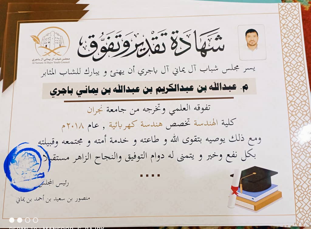 مجلس شباب آل يماني ينظم فعالية تكريم للخريجين متزامن مع العواد السنوي الرابع مجلس شباب آل يماني ينظم فعالية تكريم للخريجين متزامن مع العواد السنوي الرابع