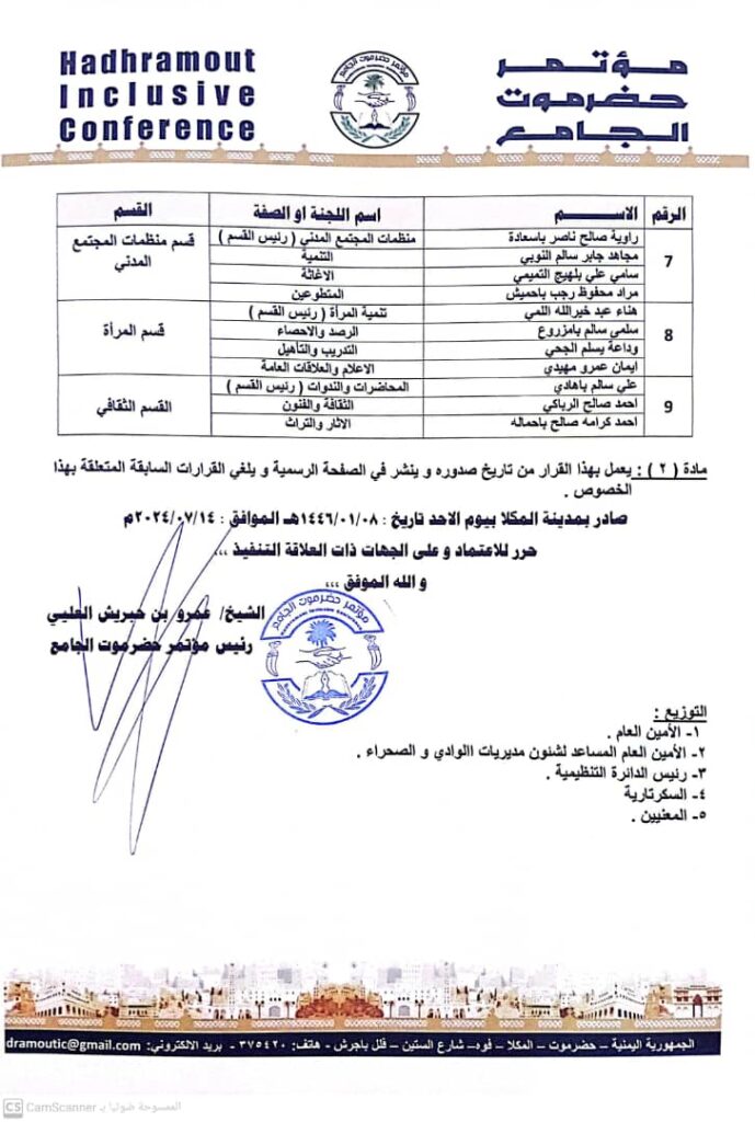 رئيس مؤتمر حضرموت الجامع يصدر قرارًا بإعادة تشكيل الهيئة التنفيذية لمكتب مديرية تريم رئيس مؤتمر حضرموت الجامع يصدر قرارًا بإعادة تشكيل الهيئة التنفيذية لمكتب مديرية تريم