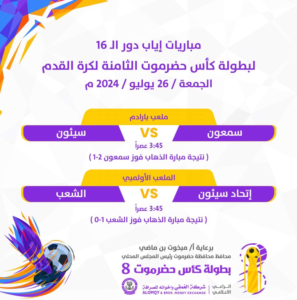 الجمعة والسبت : جولة حاسمة ختامية في ثمن نهائي كأس حضرموت الثامنة الجمعة والسبت : جولة حاسمة ختامية في ثمن نهائي كأس حضرموت الثامنة