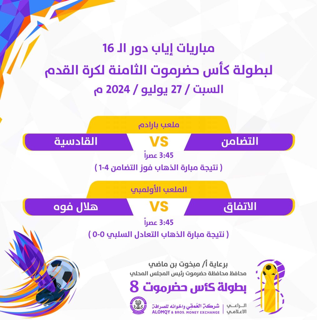 الجمعة والسبت : جولة حاسمة ختامية في ثمن نهائي كأس حضرموت الثامنة الجمعة والسبت : جولة حاسمة ختامية في ثمن نهائي كأس حضرموت الثامنة