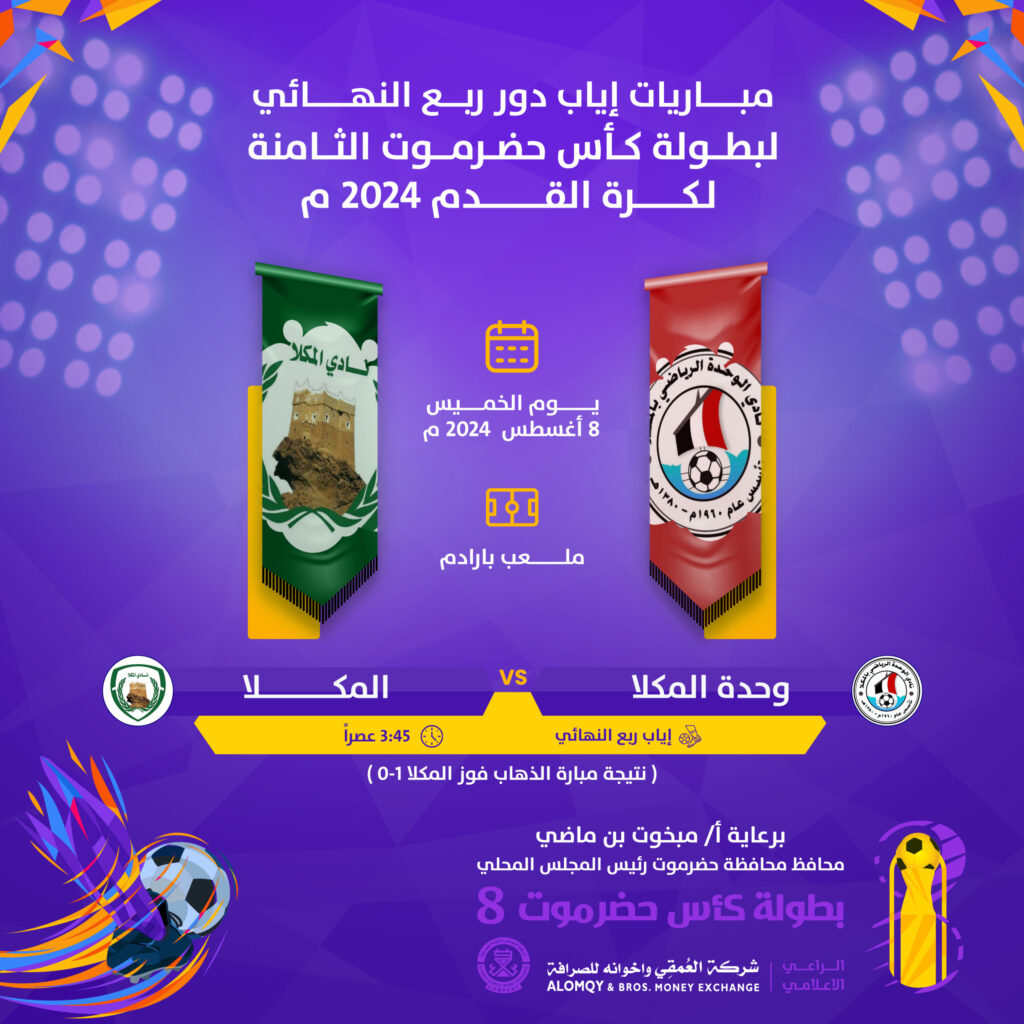 جولة الحسم في كأس حضرموت الثامنة إلى مربع الذهب .. من الخميس إلى السبت أربع مواجهات ساخنة في ختام دور الثمانية جولة الحسم في كأس حضرموت الثامنة إلى مربع الذهب .. من الخميس إلى السبت أربع مواجهات ساخنة في ختام دور الثمانية