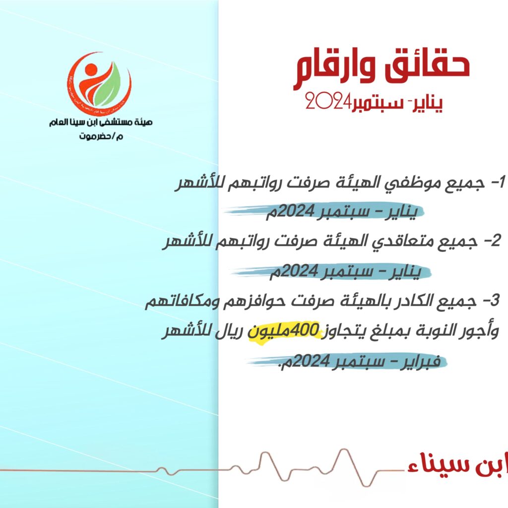 بيان توضيحي للرأي العام صادر عن هيئة مستشفى إبن سينا بالمكلا. بيان توضيحي للرأي العام صادر عن هيئة مستشفى إبن سينا بالمكلا.