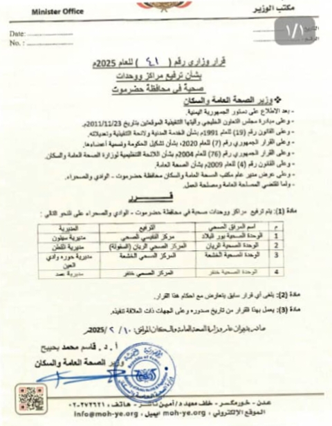 وزير الصحة بحيبح يصدر قرارات وزارية بشأن ترفيع وإنشاء مراكز ووحدات صحية بحضرموت الوادي وزير الصحة بحيبح يصدر قرارات وزارية بشأن ترفيع وإنشاء مراكز ووحدات صحية بحضرموت الوادي