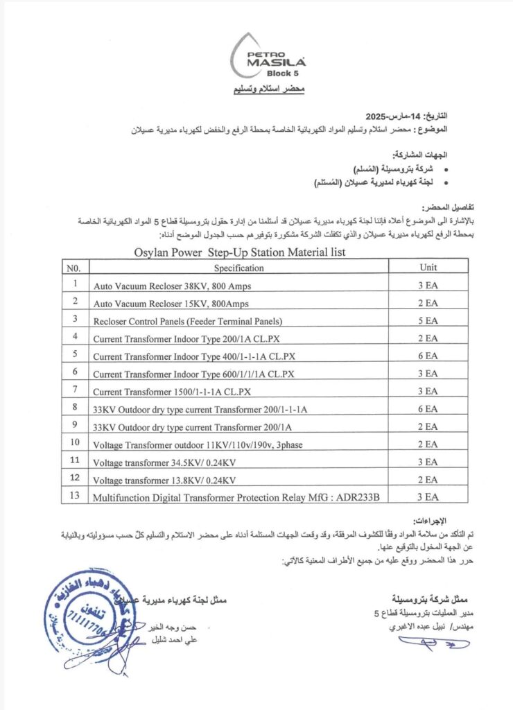 بيان صحفي حول(استكمال شركة بترومسيلة تسليم معدات محولات الخفض والرفع لمشروع كهرباء وادي بلحارث - عسيلان بمحافظة شبوة ) بيان صحفي حول(استكمال شركة بترومسيلة تسليم معدات محولات الخفض والرفع لمشروع كهرباء وادي بلحارث - عسيلان بمحافظة شبوة )