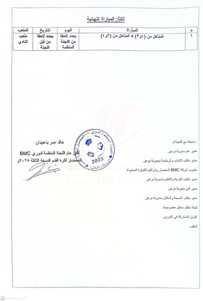 اللجنة المنظمة لدوري BMC المحضار تصدر جدول مباريات الدوري اللجنة المنظمة لدوري BMC المحضار تصدر جدول مباريات الدوري