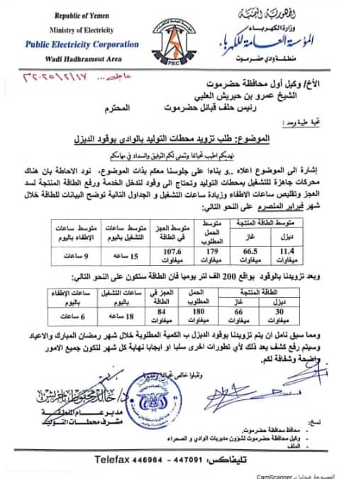 ناطق حلف قبائل حضرموت : 150 ألف لتر ديزل يوميًا من بترومسيلة لكهرباء الوادي إضافة إلى الكميات السابقة ناطق حلف قبائل حضرموت : 150 ألف لتر ديزل يوميًا من بترومسيلة لكهرباء الوادي إضافة إلى الكميات السابقة