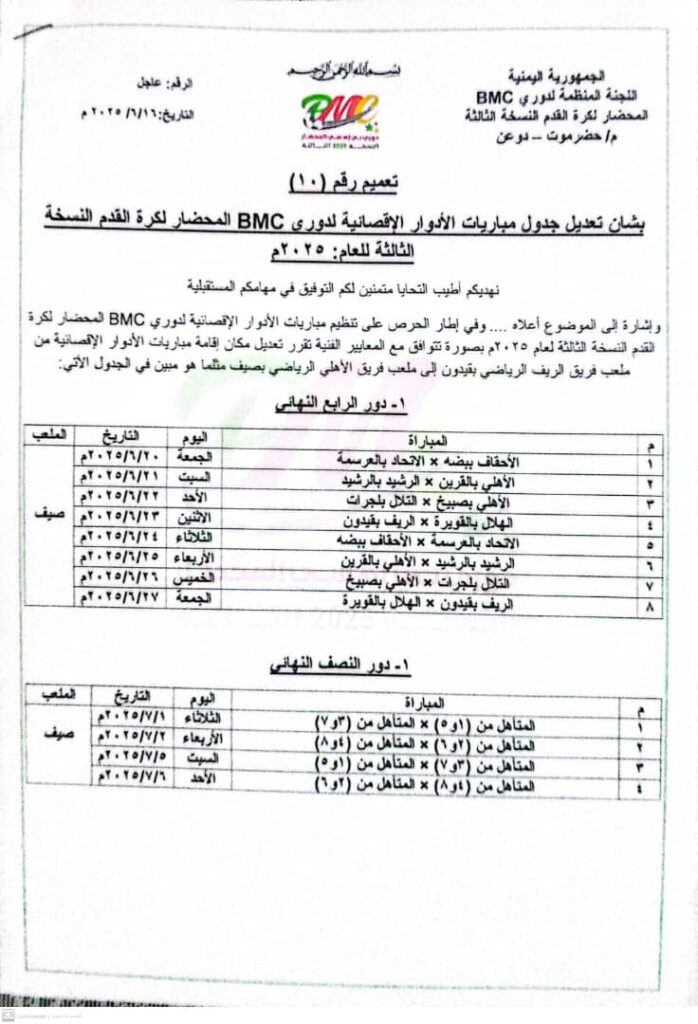 مواجهات مرتقبة في دور ربع نهائي دوري BMC المحضار النسخة الثالثة مواجهات مرتقبة في دور ربع نهائي دوري BMC المحضار النسخة الثالثة