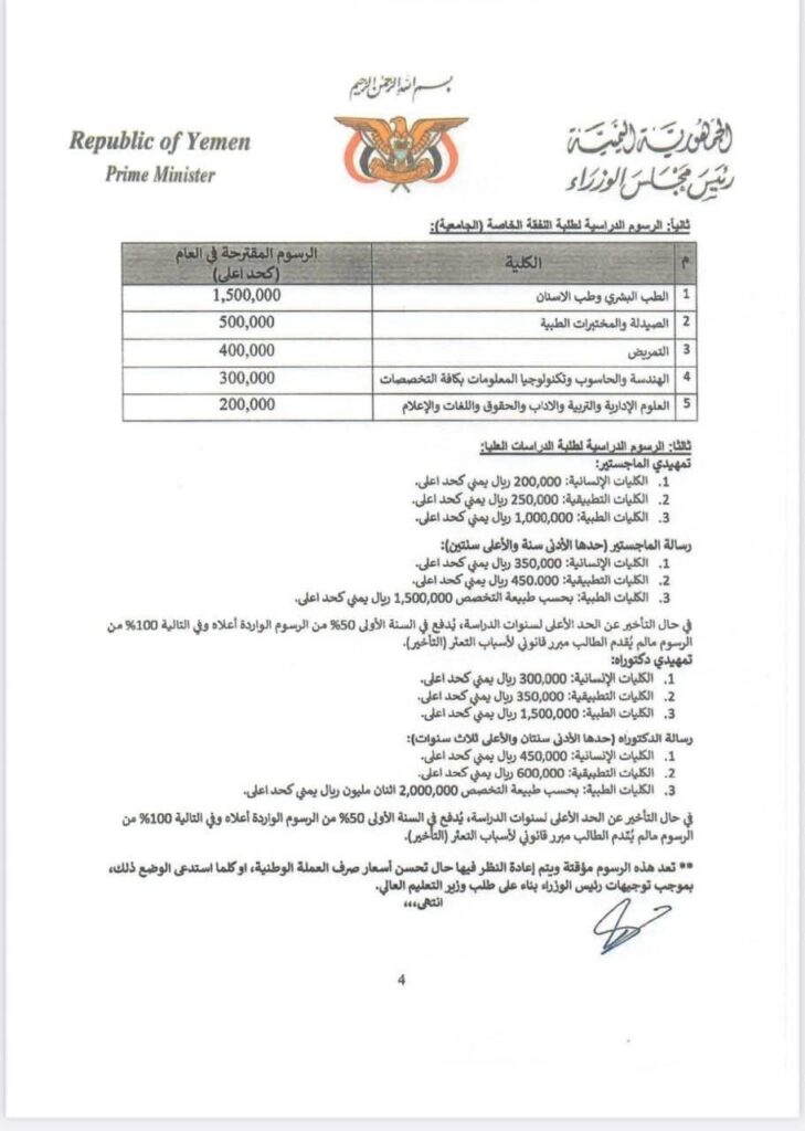 حضرموت : صدور قرار رئيس مجلس الوزراء بتوحيد وتحديد الرسوم الجامعية في الجامعات الحكومة ورسوم النفقة الخاصة والدراسات العليا حضرموت : صدور قرار رئيس مجلس الوزراء بتوحيد وتحديد الرسوم الجامعية في الجامعات الحكومة ورسوم النفقة الخاصة والدراسات العليا