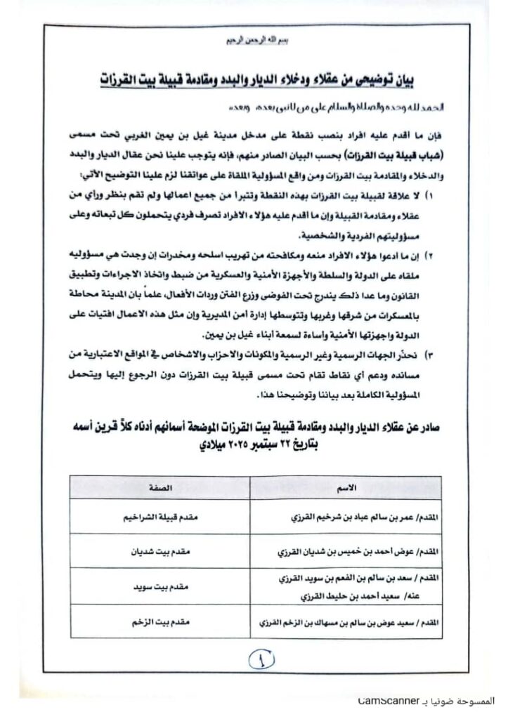 عقلاء الديار والبدد ومقادمة قبيلة بيت القرزات يصدرون بيان توضيحي حول انشاء نقطة على مدخل مدينة غيل بن يمين الغربي تحت مسمى شباب قبيلة بيت القرزات عقلاء الديار والبدد ومقادمة قبيلة بيت القرزات يصدرون بيان توضيحي حول انشاء نقطة على مدخل مدينة غيل بن يمين الغربي تحت مسمى شباب قبيلة بيت القرزات