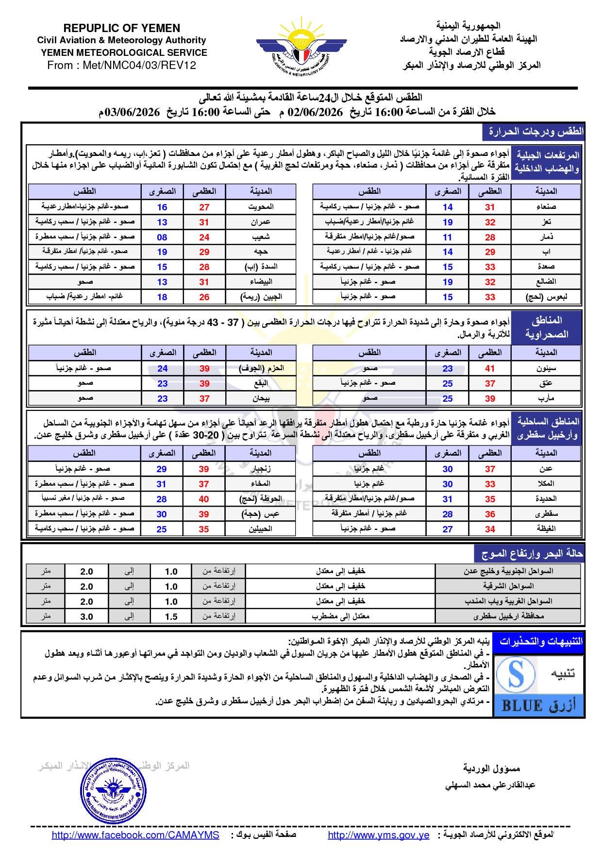 الأرصاد تتوقع أمطاراً رعدية على عدد من المحافظات وتحذر من الأجواء الحارة واضطراب البحر الأرصاد تتوقع أمطاراً رعدية على عدد من المحافظات وتحذر من الأجواء الحارة واضطراب البحر