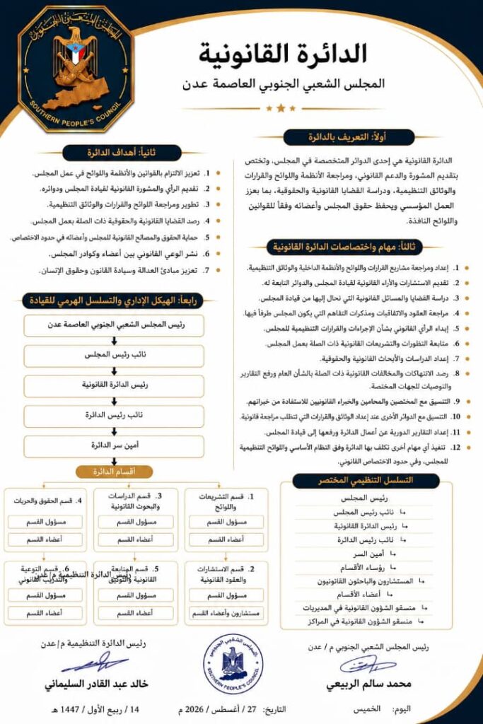 المجلس الشعبي الجنوبي يعلن هيكلة دوائره التنظيمية والسياسية والقانونية وتحديد مهامها في العاصمة عدن المجلس الشعبي الجنوبي يعلن هيكلة دوائره التنظيمية والسياسية والقانونية وتحديد مهامها في العاصمة عدن