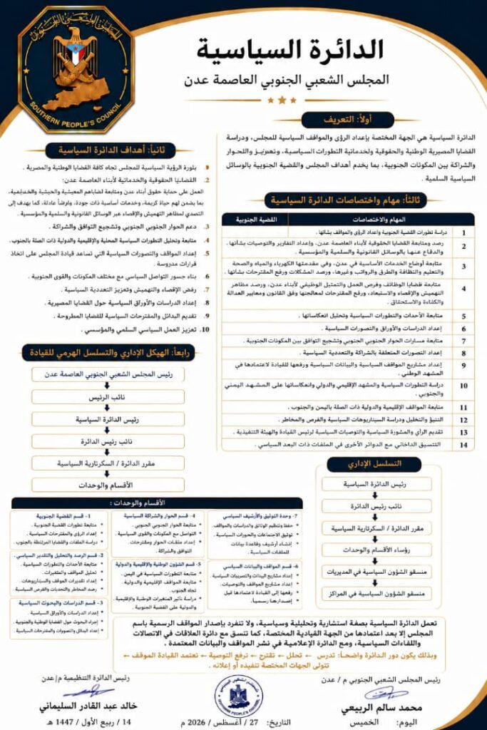 المجلس الشعبي الجنوبي يعلن هيكلة دوائره التنظيمية والسياسية والقانونية وتحديد مهامها في العاصمة عدن المجلس الشعبي الجنوبي يعلن هيكلة دوائره التنظيمية والسياسية والقانونية وتحديد مهامها في العاصمة عدن